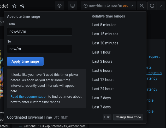 Time range selection menu with absolute and relative time range options.
